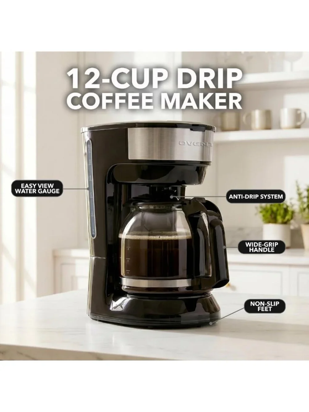 12-Cup Drip Coffee Maker with Easy On/Off Switch, Compact & Stylish Design
